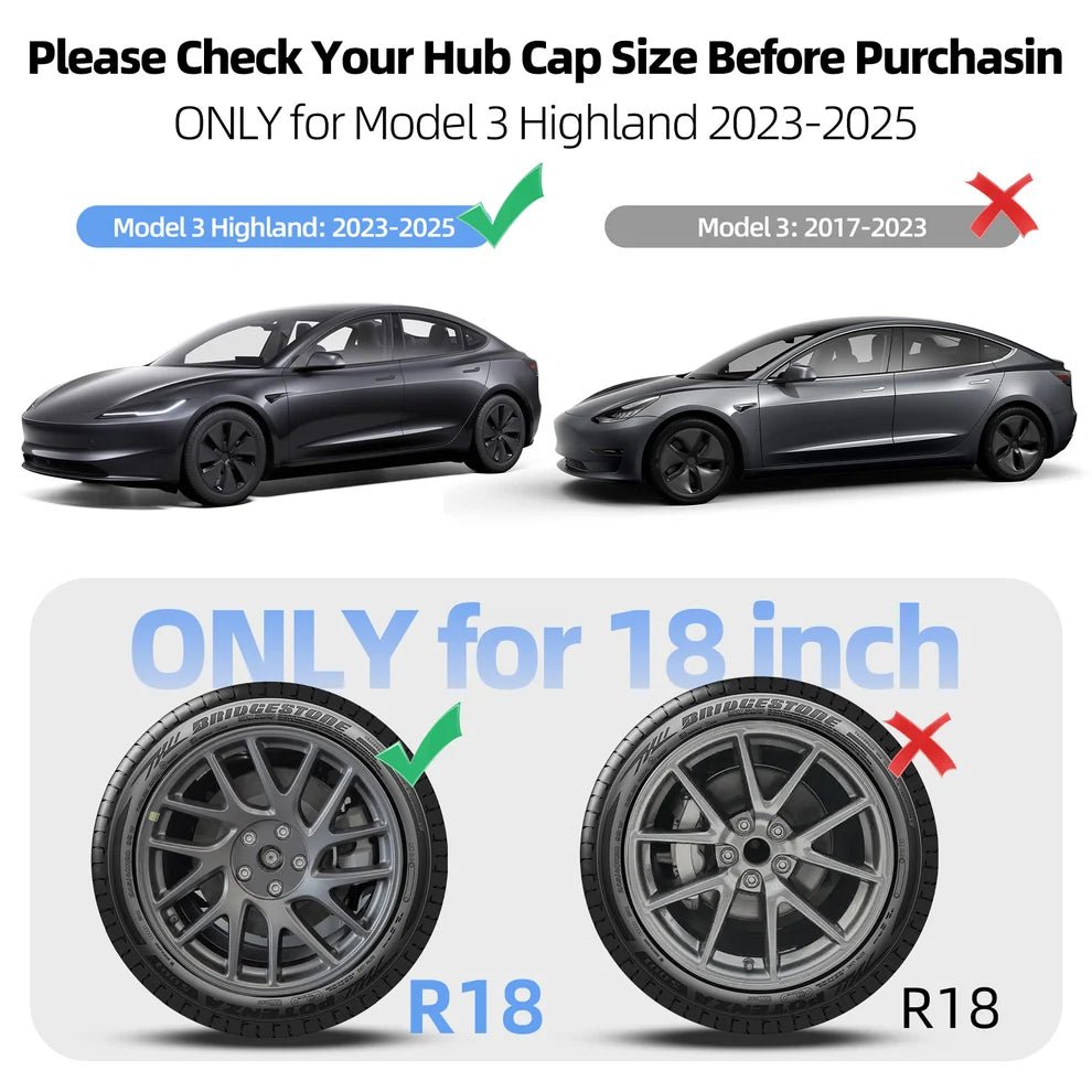 A product information graphic for a Tesla Model 3 Highland 2023-2025 vehicle, showing two gray cars and two wheel tires to indicate the correct hub cap size and tire specification (18 inch). Text reads 'Please Check Your Hub Cap Size Before Purchasin' and 'ONLY for Model 3 Highland 2023-2025' with green check marks and red X marks. TESLA MODEL 3 HIGHLAND 18 INCH MATTE BLACK PERFORMANCE WHEEL COVERS HUB CAPS WITH FREE FEDEX DELIVERY ACROSS EUROPE FROM IRELAND AND EUROPES TESLARY.EU