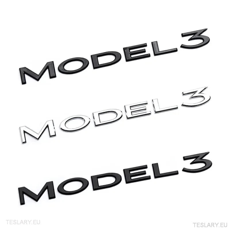 TESLA " MODEL 3 " REAR LOGO EMBLEM IN CHROME & BLACK - TESLARY Tesla Shop Accessories Europe Nederlands Ireland Deutschland Espana Alicante France Italia