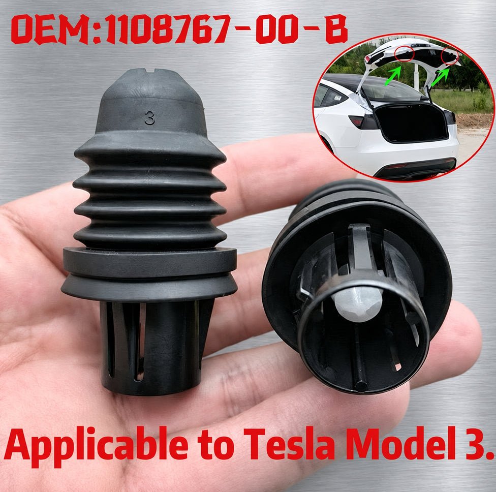 Tesla Model 3 kofferbakbufferblokken links en rechts, veer- en schokabsorberende rubberen bumpers voor de kofferbakdeksel, OEM-onderdeelnummer 110876700B. Te koop in Ierland en Europa. Teslary.eu