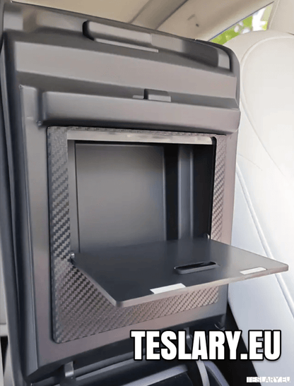 Tesla Model 3 / Y Armrest Hidden Storage Magnetic Lock Carbon Fibre Style Finish - TESLARY Tesla Shop Accessories Europe Nederlands Dublin Cork Ireland Deutschland Espana Alicante France Italia