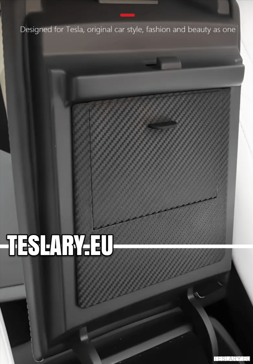 Tesla Model 3 / Y Armrest Hidden Storage Magnetic Lock Carbon Fibre Style Finish - TESLARY Tesla Shop Accessories Europe Nederlands Dublin Cork Ireland Deutschland Espana Alicante France Italia
