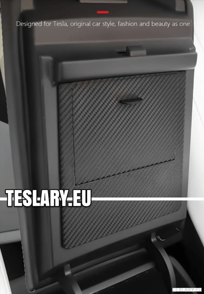 Tesla Model 3 / Y Armrest Hidden Storage Magnetic Lock Carbon Fibre Style Finish - TESLARY Tesla Shop Accessories Europe Nederlands Dublin Cork Ireland Deutschland Espana Alicante France Italia