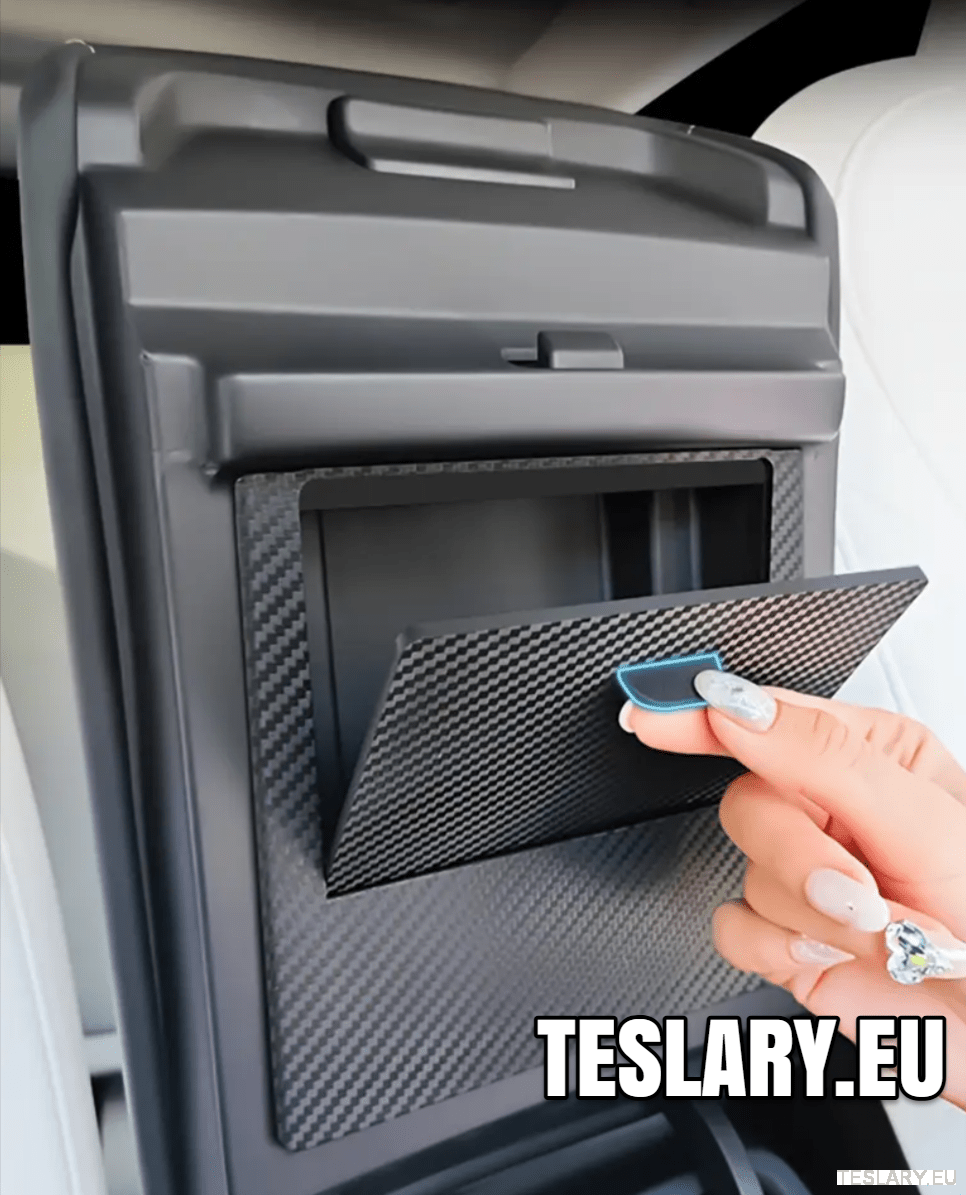 Tesla Model 3 / Y Armrest Hidden Storage Magnetic Lock Carbon Fibre Style Finish - TESLARY Tesla Shop Accessories Europe Nederlands Dublin Cork Ireland Deutschland Espana Alicante France Italia