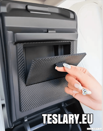 Tesla Model 3 / Y Armrest Hidden Storage Magnetic Lock Carbon Fibre Style Finish - TESLARY Tesla Shop Accessories Europe Nederlands Dublin Cork Ireland Deutschland Espana Alicante France Italia