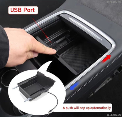 Tesla Model 3 / Y Centre Console Front Organiser with USB Ports and Spring Return - TESLARY Tesla Shop Accessories Europe Nederlands Dublin Cork Ireland Deutschland Espana Alicante France Italia