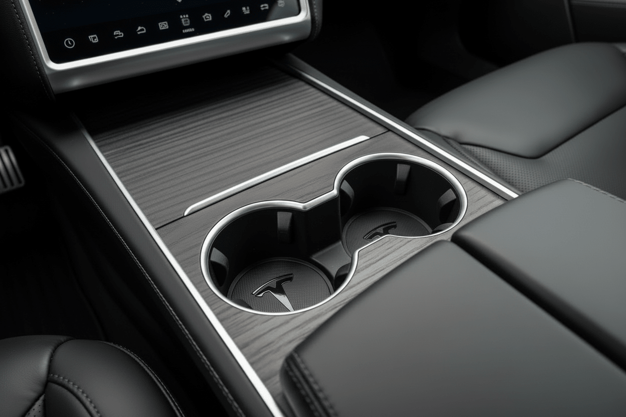 Tesla Model 3 YSX Mittelkonsolen-Bechereinsätze aus schwarzem Leder mit Logo - TESLARY Tesla Shop Zubehör Europa Niederlande Dublin Cork Irland Deutschland Spanien Alicante Frankreich Italien