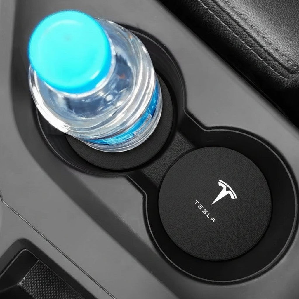 Tesla Model 3 YSX Mittelkonsolen-Bechereinsätze aus schwarzem Leder mit Logo - TESLARY Tesla Shop Zubehör Europa Niederlande Dublin Cork Irland Deutschland Spanien Alicante Frankreich Italien