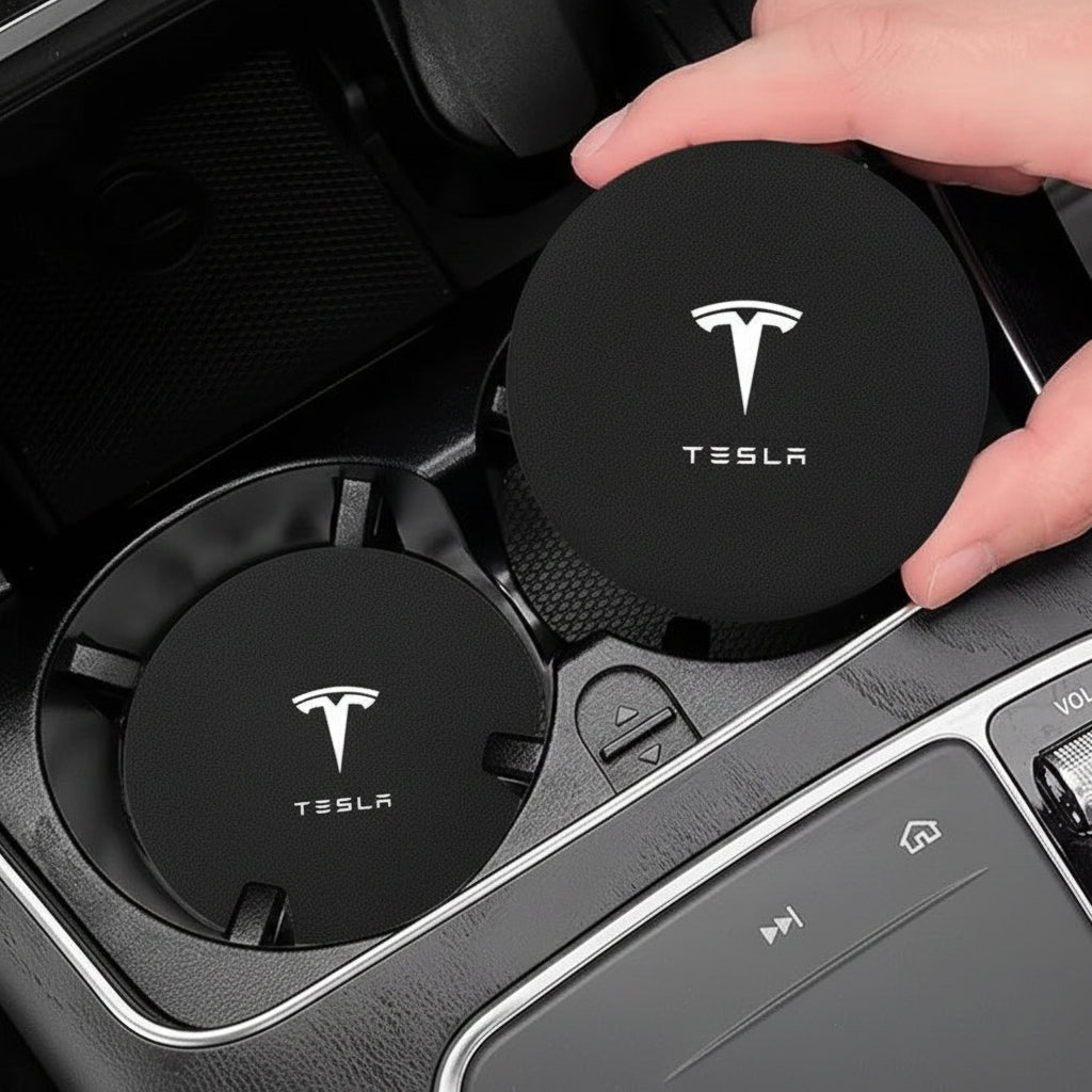 Tesla Model 3 YSX Mittelkonsolen-Bechereinsätze aus schwarzem Leder mit Logo - TESLARY Tesla Shop Zubehör Europa Niederlande Dublin Cork Irland Deutschland Spanien Alicante Frankreich Italien