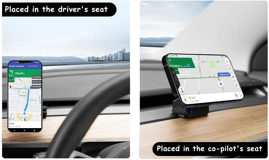Two-panel demonstration of a smartphone car mount placed on a dashboard inside a vehicle. The left panel shows the mount with a phone in the driver's seat, and the right panel shows it in the co-pilot's seat. TESLA_MODEL_3_MODEL_Y_SUPER_MAGNET_DASH_PHONE_MOUNT_WITH_PRONGS_BUY_FROM_IRELAND_AND_EUROPES_TESLARY.EU