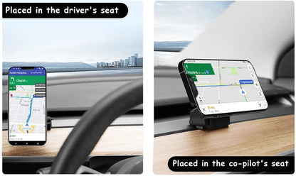 Two-panel demonstration of a smartphone car mount placed on a dashboard inside a vehicle. The left panel shows the mount with a phone in the driver's seat, and the right panel shows it in the co-pilot's seat. TESLA_MODEL_3_MODEL_Y_SUPER_MAGNET_DASH_PHONE_MOUNT_WITH_PRONGS_BUY_FROM_IRELAND_AND_EUROPES_TESLARY.EU