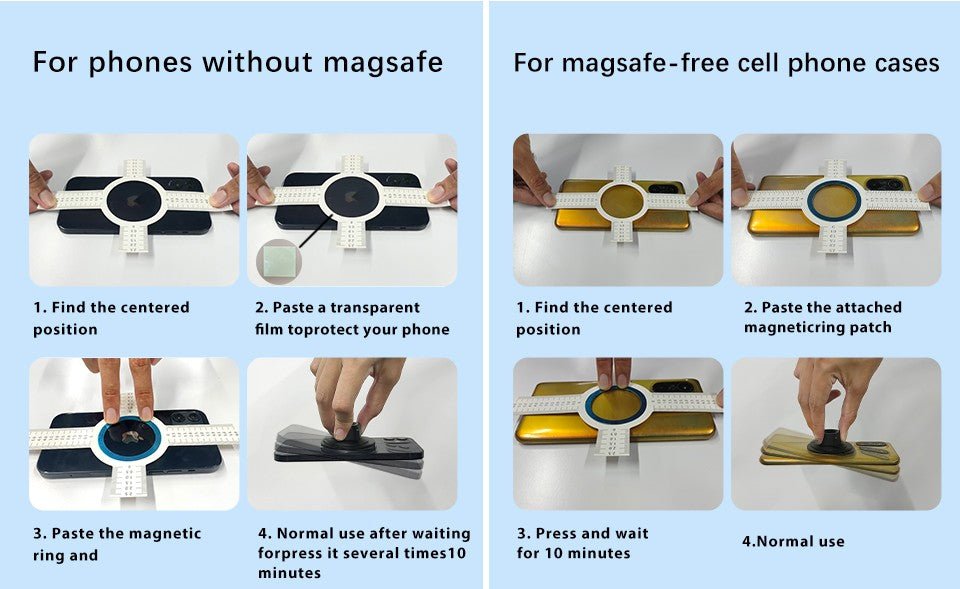 Instructional comparison graphic for magnetic phone ring attachment, showing two side-by-side panels with step-by-step directions for phones without magSafe and magsafe-free cell phone cases. Each panel contains four numbered photos demonstrating pasting a transparent film, applying a magnetic ring or patch, and normal use. TESLA_MODEL_3_MODEL_Y_SUPER_MAGNET_DASH_PHONE_MOUNT_WITH_PRONGS_BUY_FROM_IRELAND_AND_EUROPES_TESLARY.EU