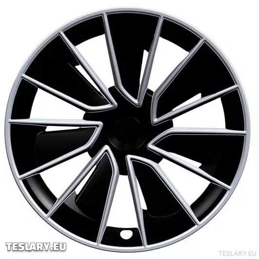 TESLA MODEL Y 19" UNIQUE S15 FULL COVER WHEEL HUBS BLACK & SILVER - TESLARY Tesla Shop Accessories Europe Nederlands Dublin Cork Ireland Deutschland Espana Alicante France Italia