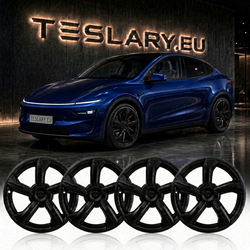 Four black multi-spoke alloy wheels displayed in a row against a reflective white floor, with a blue Tesla Model Y parked in front of a dark wall featuring a glowing TESLARY.EU sign. tesla-model-y-juniper-19-durable-abs-full-wheel-cover-gloss-black-teslary-dublin-ireland-cork-nederlands-deutschland-espana-alicante-madrid-tesla-accessories-sh-8898662