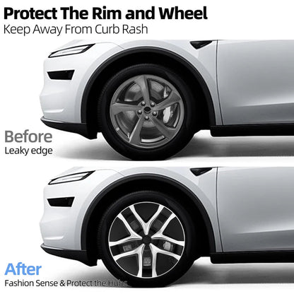 Before and after comparison of a car wheel with rim protection, showing a leaky edge before and fashion sense & protect the hub after. TESLA_MODEL_JUNIPER_19_WHEEL_PERFORMANCE_PREMIUM_ARACHNID_BUY_FROM_THE_TESLA_ACCESSORIES_SPECIALISTS_WITH_FREE_DELIVERY_ACROSS_EUROPE_TESLARY.EU_TESLARY.PT_TESLARY.ES