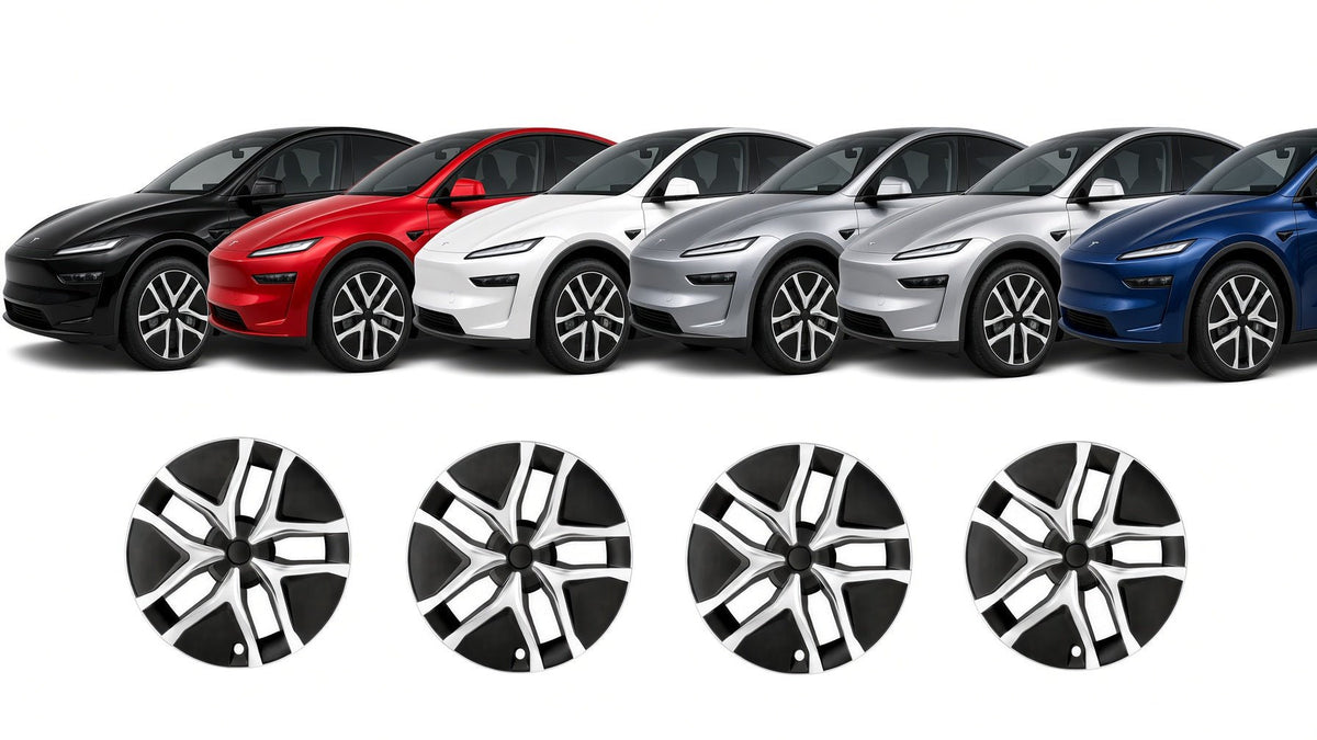 Five Tesla Model Y cars in black, red, silver, gray, and blue are lined up above four matching black and silver wheel covers on a white background. TESLA_MODEL_JUNIPER_19_WHEEL_PERFORMANCE_PREMIUM_ARACHNID_BUY_FROM_THE_TESLA_ACCESSORIES_SPECIALISTS_WITH_FREE_DELIVERY_ACROSS_EUROPE_TESLARY.EU_TESLARY.PT_TESLARY.ES