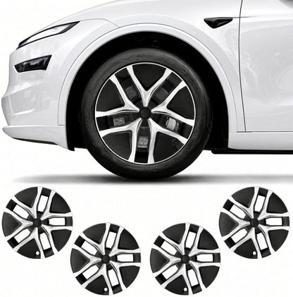 Black and silver multi-spoke wheel covers shown installed on a white car wheel, with four additional views of the covers arranged below on a white background. TESLA_MODEL_JUNIPER_19_WHEEL_PERFORMANCE_PREMIUM_ARACHNID_BUY_FROM_THE_TESLA_ACCESSORIES_SPECIALISTS_WITH_FREE_DELIVERY_ACROSS_EUROPE_TESLARY.EU_TESLARY.PT_TESLARY.ES
