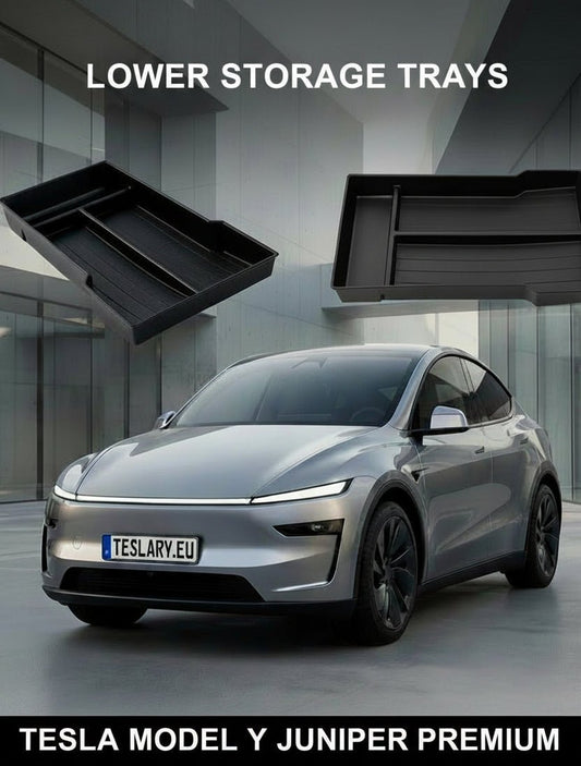 Two black Tesla Model Y and Juniper premium lower storage trays are shown floating above a silver Tesla Model Y in a modern glass-walled garage setting, with the text 'TESLA MODEL Y JUNIPER PREMIUM LOWER STORAGE TRAYS' at the top.
