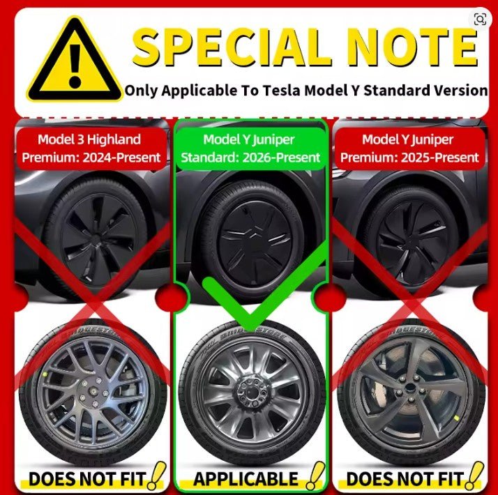 A promotional graphic with the text 'SPECIAL NOTE' and a warning icon, explaining tire fitment differences for Tesla Model Y Standard vs Model 3 Highland and Model Y Juniper. The top row shows black car wheels with red and green labels, and the bottom row shows silver alloy wheels with fitment results marked 'APPLICABLE' or 'DOES NOT FIT'.