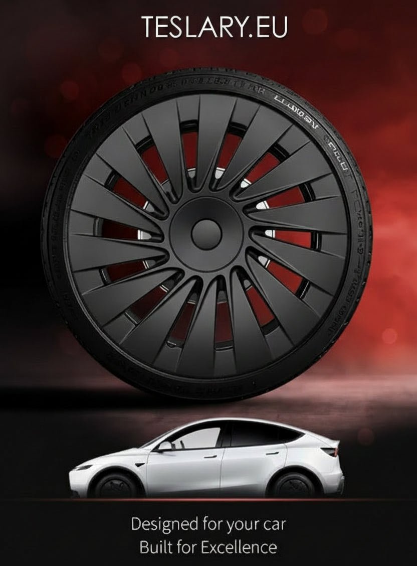 A large black multi-spoke wheel rim is shown prominently against a dark green-to-black gradient background, with the MOTENIO brand name at the top and a small white car silhouette at the bottom. Text at the bottom reads, 'Designed for your car.
