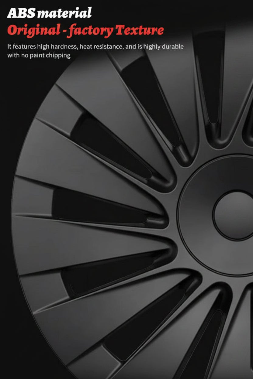 Close-up of a dark gray to black wheel rim with glossy textured spokes and marketing text at the top reading 'ABS material Original - factory Texture' on a black background.