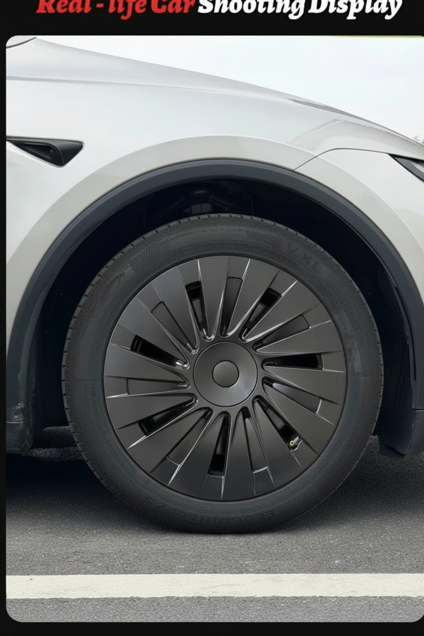 A close-up of a matte black wheel and tire mounted on a white vehicle, with a text banner at the top reading 'Real-life Car Shooting Display'.