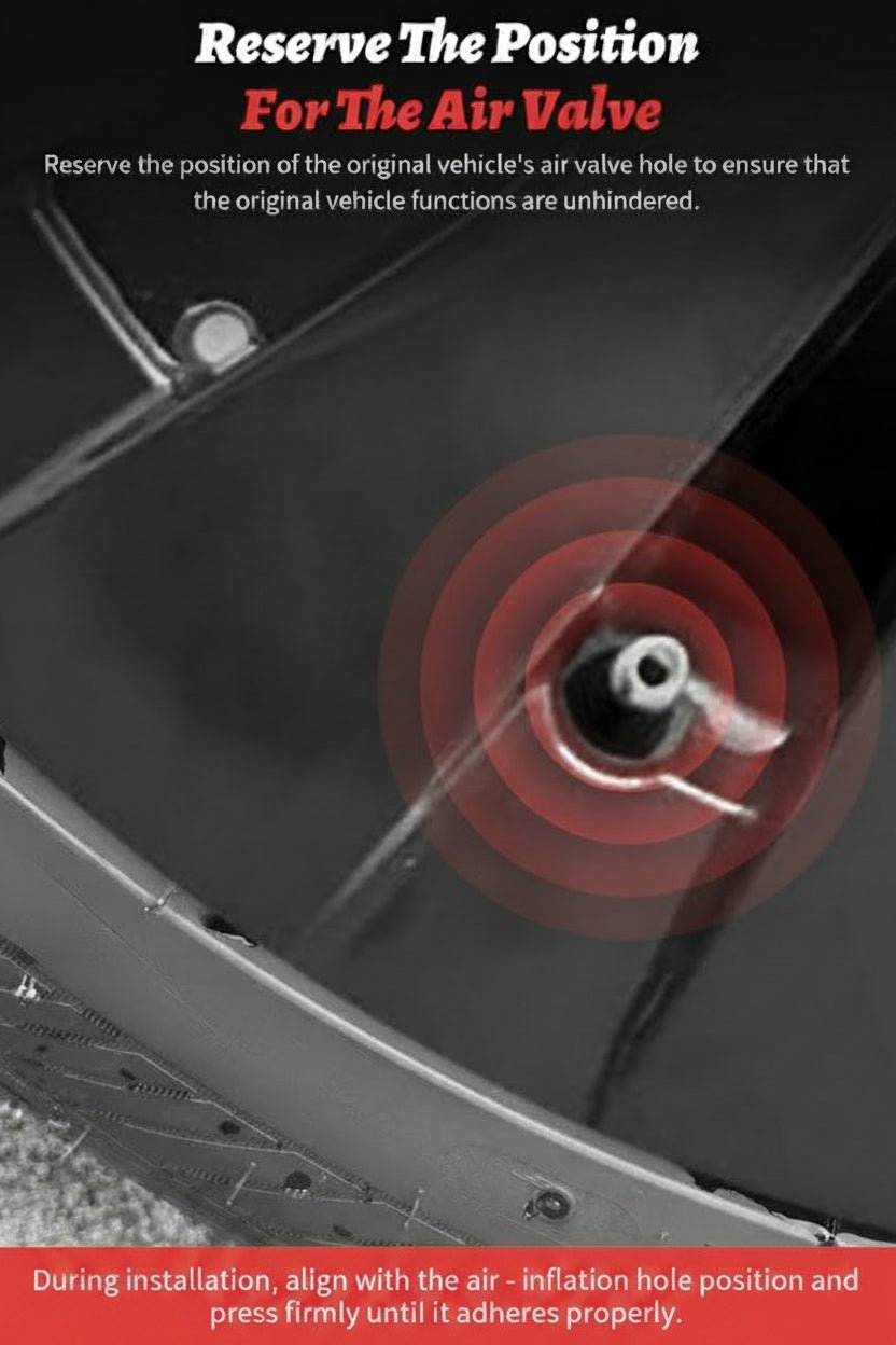Installation instruction graphic showing a close-up of a vehicle wheel well with text reading 'Reserve The Position For The Air Valve' and a green circular indicator around the air valve hole, plus installation guidance at the bottom.