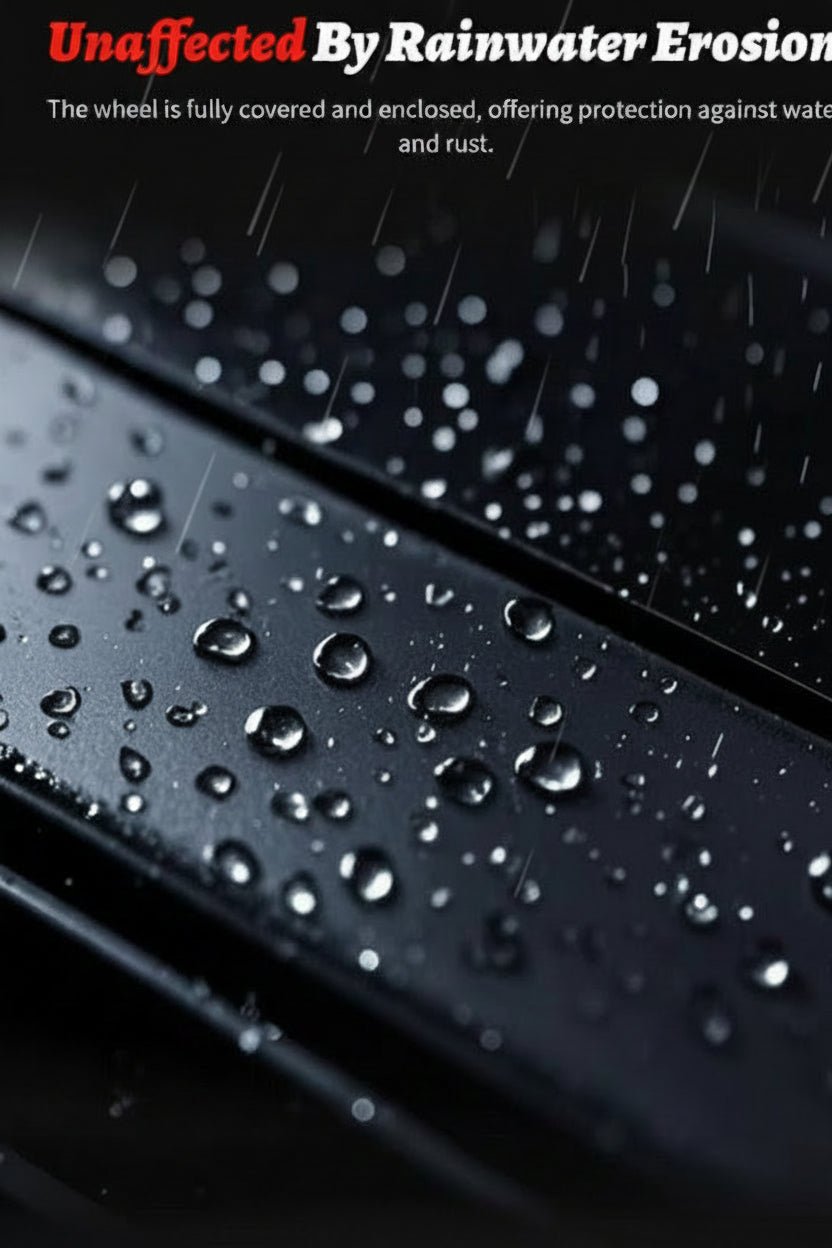 Close-up of a glossy black wheel or tire covered in water droplets, with text at the top reading 'Unaffected By Rainwater Erosion' and a descriptive claim about protection against water and rust.