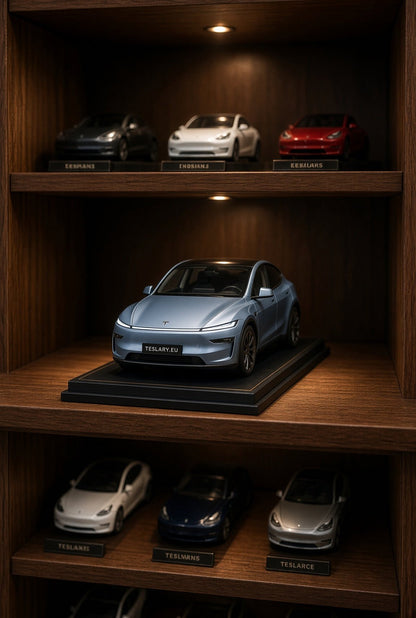 A miniature model of a Tesla Model Y in light blue is displayed on a black base in a wooden shelf, with other miniature cars in the background. Tesla Model Y Juniper Childrens Scale Toy Collectors Edition Toy 1 32 Buy from Ireland and Europes Teslary.eu