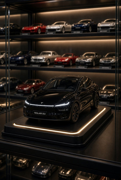 A glossy black Tesla model car displayed on a lit pedestal inside a glass cabinet filled with other miniature cars. Tesla Model Y Juniper Childrens Scale Toy Collectors Edition Toy 1 32 Buy from Ireland and Europes Teslary.eu