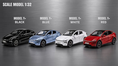 Four scale model cars labeled Model Y+ in different colors: black, blue, white, and red, arranged on a metallic gray background with text indicating scale model 1:32. Tesla Model Y Juniper Scale Models Toy Cars for ChildrenG Birthdays Christmas Gifts Buy from Ireland and Europes teslary.eu