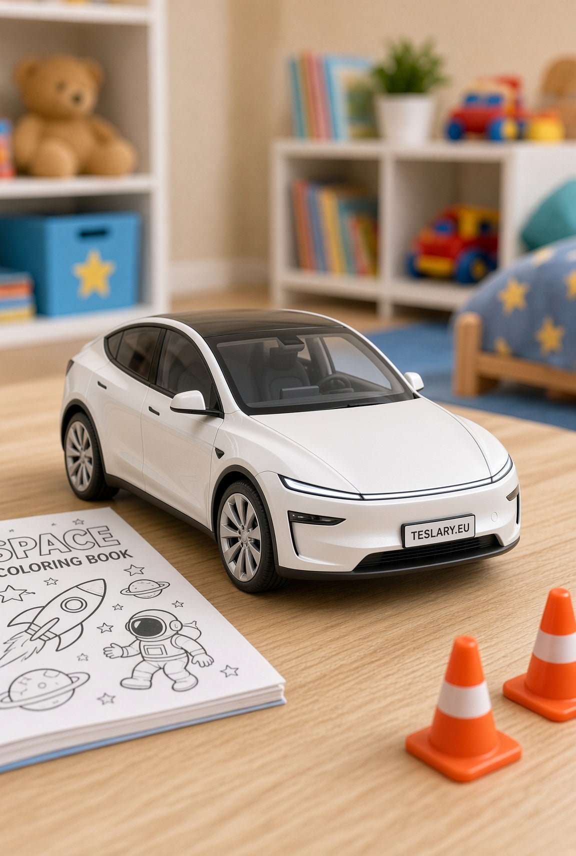 A white Tesla Model Y toy car model is displayed on a wooden table in a child's bedroom setting, with a coloring book and miniature traffic cones in the foreground. Tesla Model Y Juniper Childrens Scale Toy Collectors Edition Toy 1 32 Buy from Ireland and Europes Teslary.eu