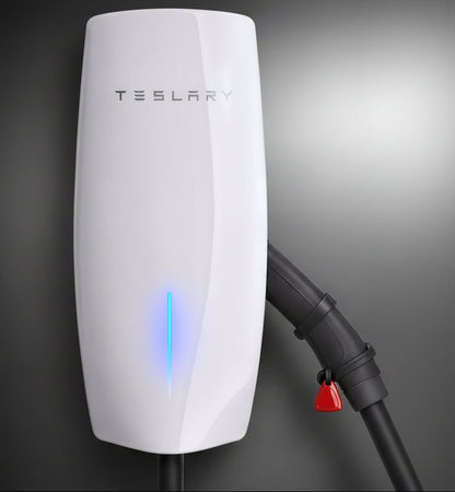 A white Tesla wall charger unit with a black charging cable and connector, shown against a dark gray gradient background.