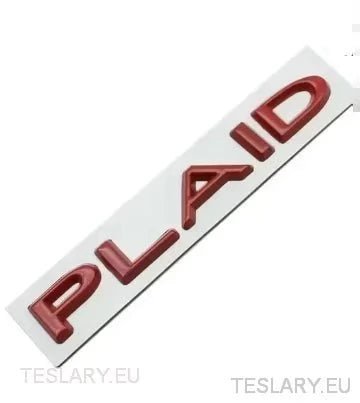 TESLA " PLAID " REAR LOGO EMBLEM IN CHROME & RED - TESLARY Tesla Shop Accessories Europe Nederlands Ireland Deutschland Espana Alicante France Italia