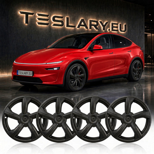Four matte black multi-spoke alloy wheels displayed in a row, with a red Tesla Model Y in the background in front of a dark wall featuring a glowing TESLARY.EU sign. Tesla Model Y Juniper 19 inch Wheel Covers Hub Caps Matte Black Free Delivery with Fedex Buy from Ireland and Europes Teslary.eu
