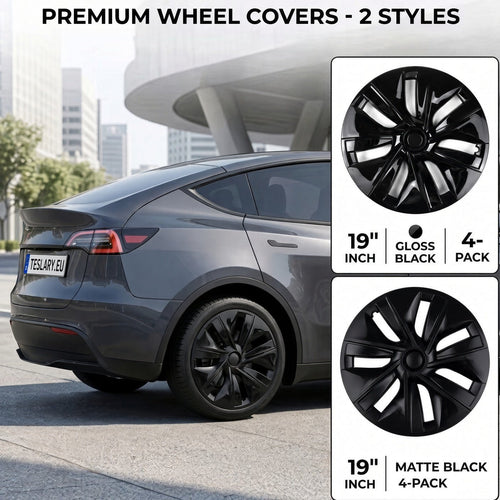 Black premium car wheel covers shown installed on a gray SUV, with two inset product views on the right labeled 19 inch gloss black and 19 inch matte black, under the heading 'PREMIUM WHEEL COVERS - 2 STYLES'. TESLA_MODEL_Y_GLOSS_BLACK_19_WHEEL_COVERS_2022_2023_2024_2025_BUY_FROM_IRELAND_AND_EUROPES_TESLARY.EU_TESLARY.IE_TESLARY.ES