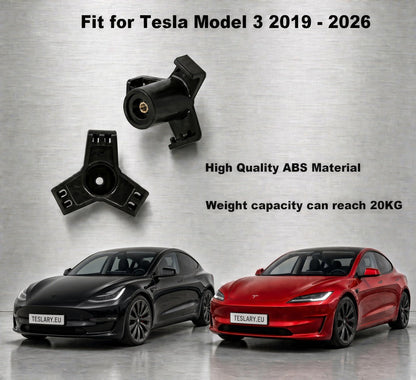 Black ABS wheel brake caliper and bracket adapter kit for Tesla Model 3 (2019-2026), shown with two Tesla cars (one black, one red) on a brushed metal background with text overlays. tesla-model-3-highland-grocery-shopping-bag-trunk-hook-1-piece-teslary-dublin-ireland-nederlands-deutscgland-espana-alicante-madrid-tesla-shop-europe-france-ita-292655