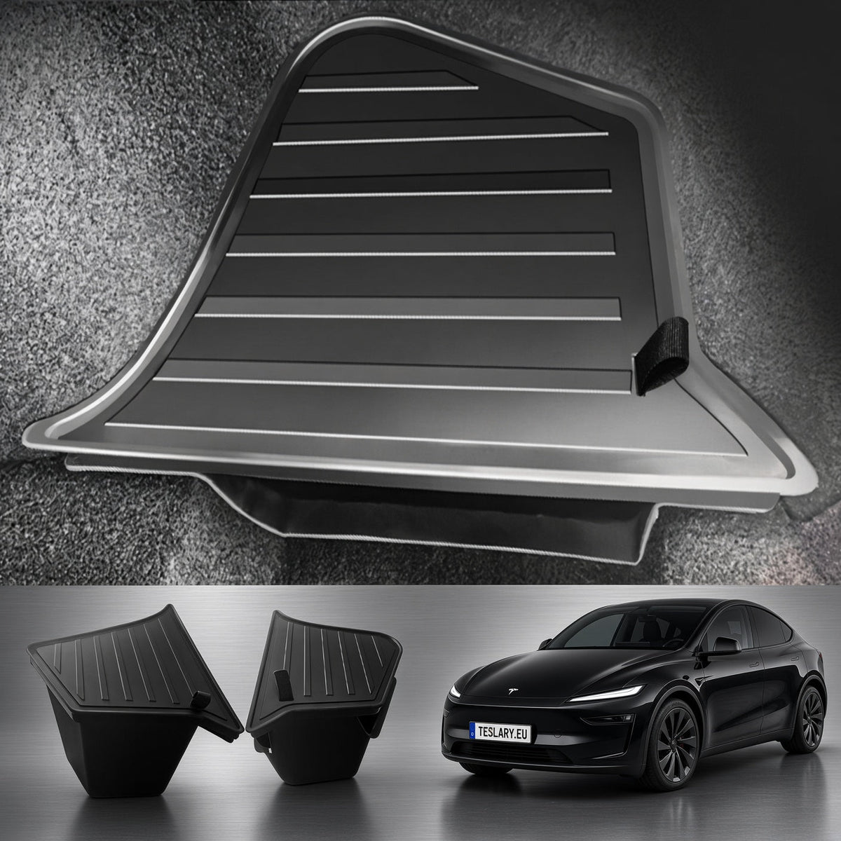A set of black textured floor mats shown in a studio-style composite: one large mat at the top, two smaller mats at bottom left, and a black Tesla model at bottom right to indicate fitment. The product being sold appears to be the floor mats, not the car. Tesla Model Y Juniper Premium Trunk Storage Bins with TPE Lids Berlin and Shanghai Models Buy from Europes Teslary.eu