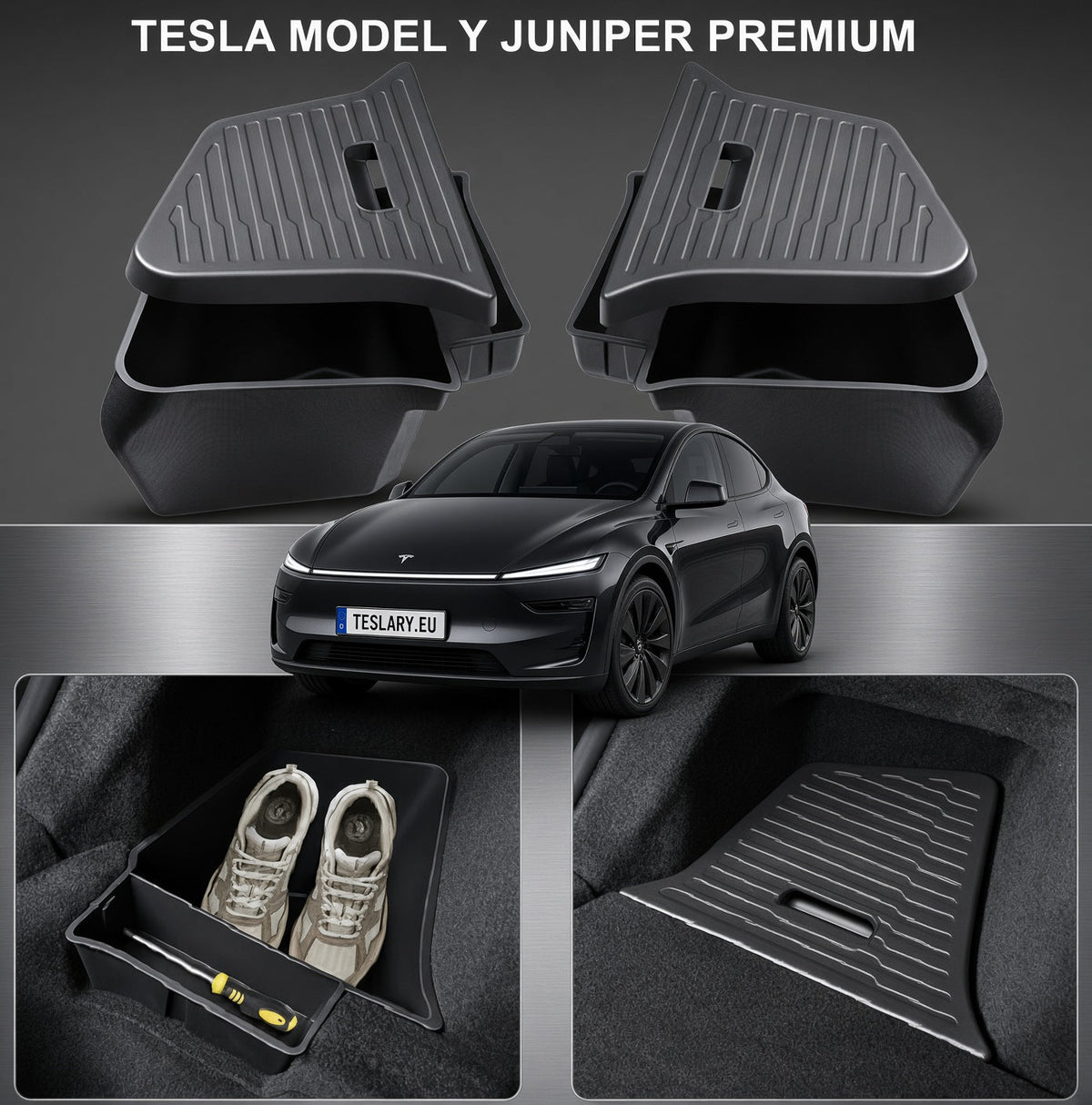 Black rubber car floor mats designed for Tesla Model Y and Juniper Premium, shown in a multi-panel layout with a car model and close-up storage compartment views. Tesla Model Y Juniper Premium Performance Trunk Extended TPE Storage Bins Organisers with Solid Lids Buy from Europes Teslary.eu
