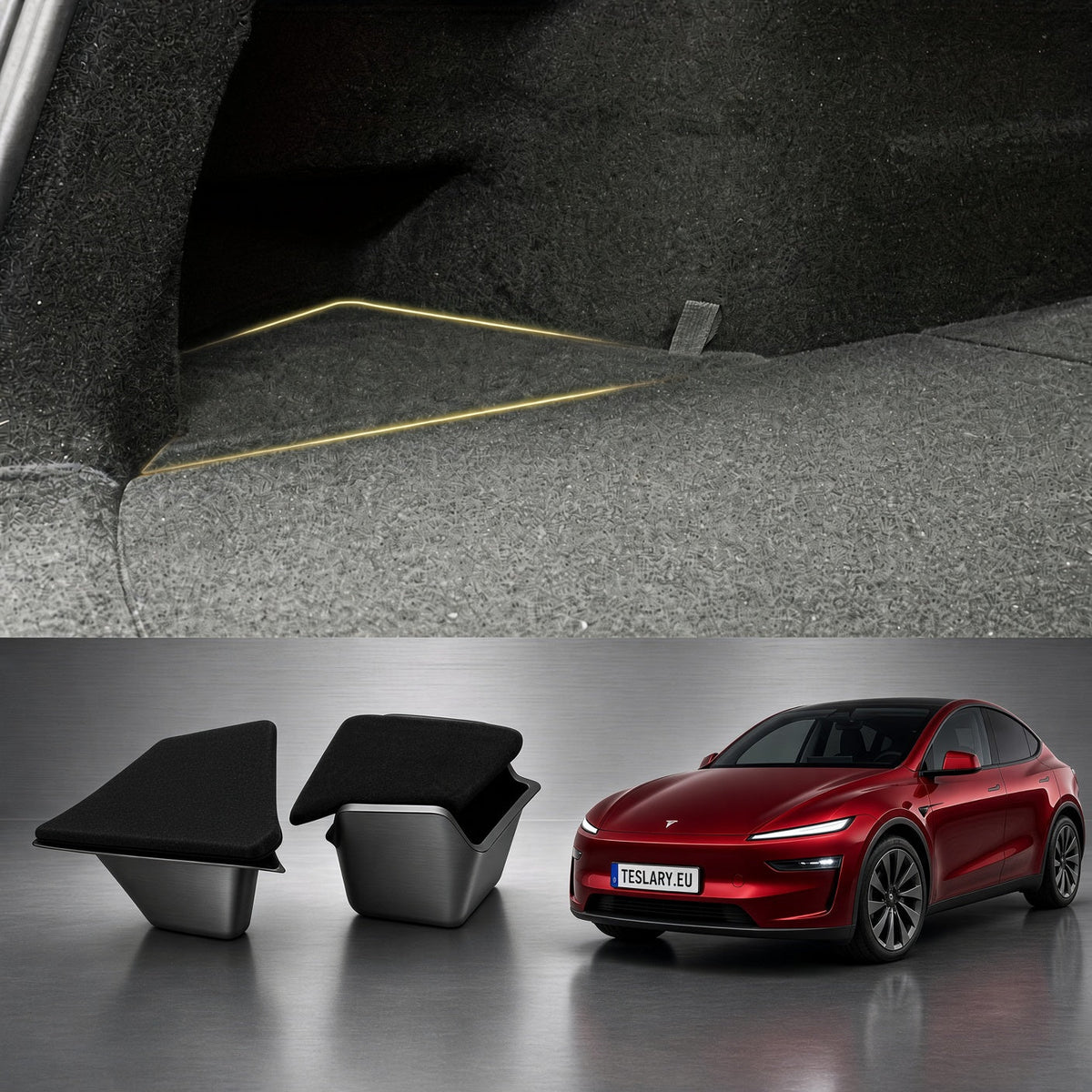 A split image showing a car interior carpet and light strip in the top half, and two black-and-gray carpeted storage bins beside a red Tesla Model Y in the bottom half, suggesting a set of Tesla-compatible carpet inserts. tpe-trunk-storage-for-tesla-model-y-juniper-with-lids-to-match-trunk-teslary-dublin-ireland-cork-nederlands-deutschland-espana-alicante-madrid-tesla-accessories-8032688