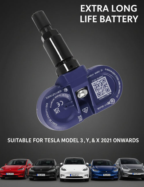 A blue and black Tesla wheel speed sensor adapter is shown against a dark gray background with promotional text reading 'EXTRA LONG LIFE BATTERY' and 'SUITABLE FOR TESLA MODEL 3, Y, S & X 2021 ONWARDS,' plus five Tesla cars along the bottom. TPMS Sensors for your Tesla Buy 3 and get 1 Free at Europes teslary.eu