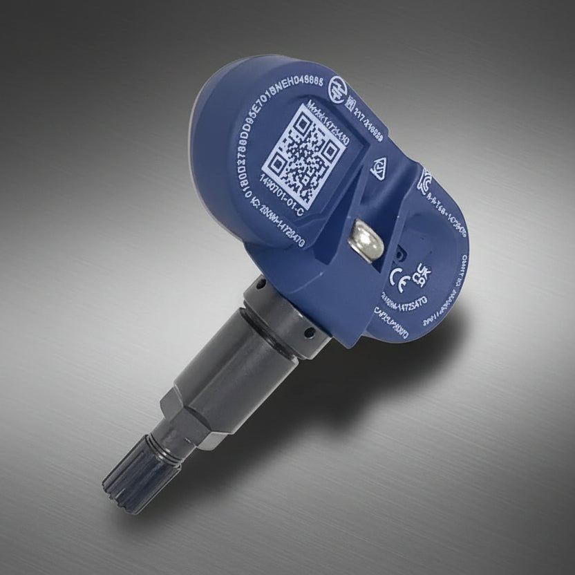 A blue and black Tesla wheel speed sensor adapter is shown against a dark gray background with promotional text reading 'EXTRA LONG LIFE BATTERY' and 'SUITABLE FOR TESLA MODEL 3, Y, S & X 2021 ONWARDS,' plus five Tesla cars along the bottom. TPMS Sensors for your Tesla Buy 3 and get 1 Free at Europes teslary.eu