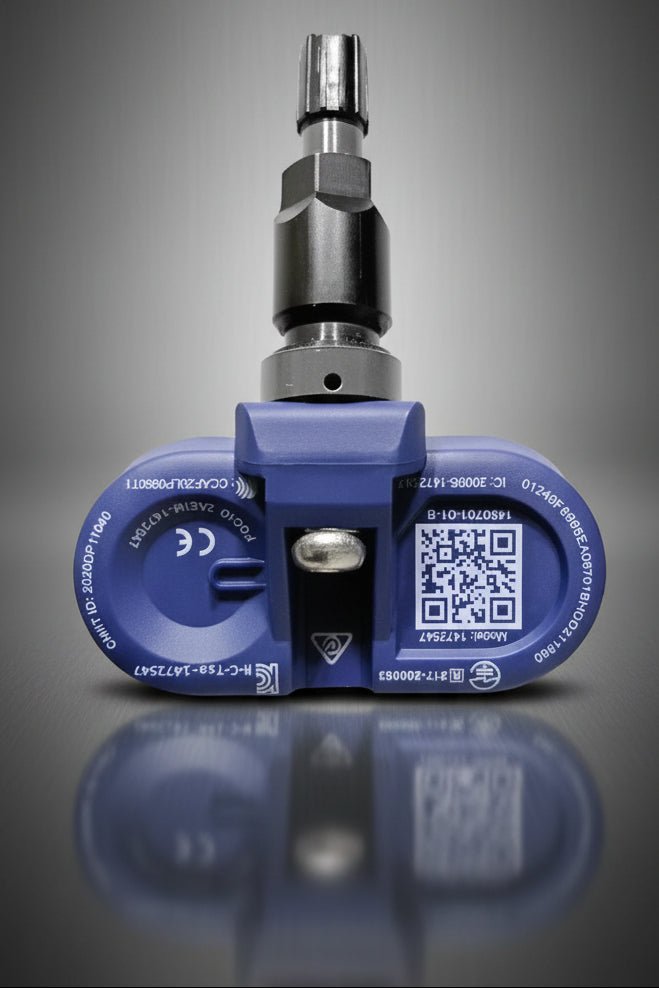 A blue and black Tesla wheel speed sensor adapter is shown against a dark gray background with promotional text reading 'EXTRA LONG LIFE BATTERY' and 'SUITABLE FOR TESLA MODEL 3, Y, S & X 2021 ONWARDS,' plus five Tesla cars along the bottom. TPMS Sensors for your Tesla Buy 3 and get 1 Free at Europes teslary.eu