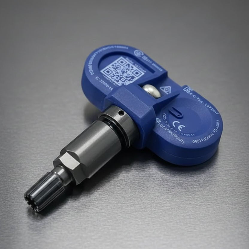 A blue and black Tesla wheel speed sensor adapter is shown against a dark gray background with promotional text reading 'EXTRA LONG LIFE BATTERY' and 'SUITABLE FOR TESLA MODEL 3, Y, S & X 2021 ONWARDS,' plus five Tesla cars along the bottom. TPMS Sensors for your Tesla Buy 3 and get 1 Free at Europes teslary.eu