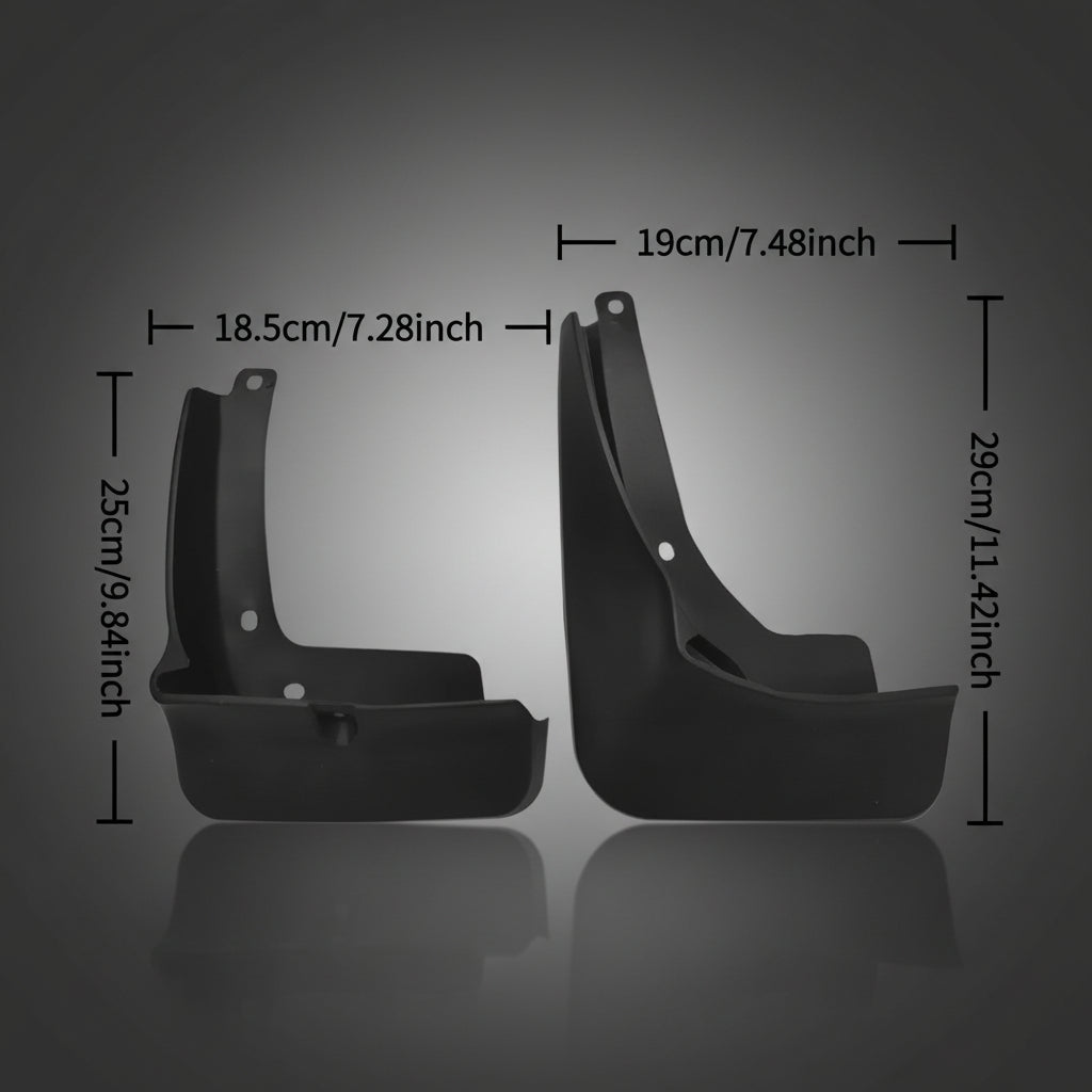 Bavettes de véhicule en plastique noir montrées de côté avec des étiquettes de dimensions superposées et des lignes de mesure indiquant 25 cm/9.84 pouces, 18.