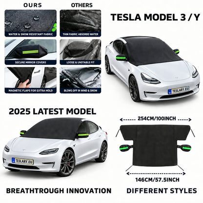 Promotionele collage voor een Tesla Model Een autohoes met drie afbeeldingen, waarop een witte Tesla met een donkere hoes te zien is, met afmetingen van 254 cm bij 146 cm, vergelijkingspanelen met de tekst 'Onze versus anderen' en de tekst '2025 latest'. model baanbrekende innovatie.